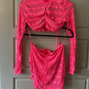 Pink two piece mesh cut out dress